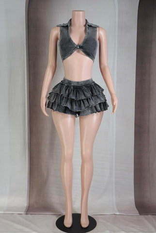 Ruffle Me Shorts Set - Black